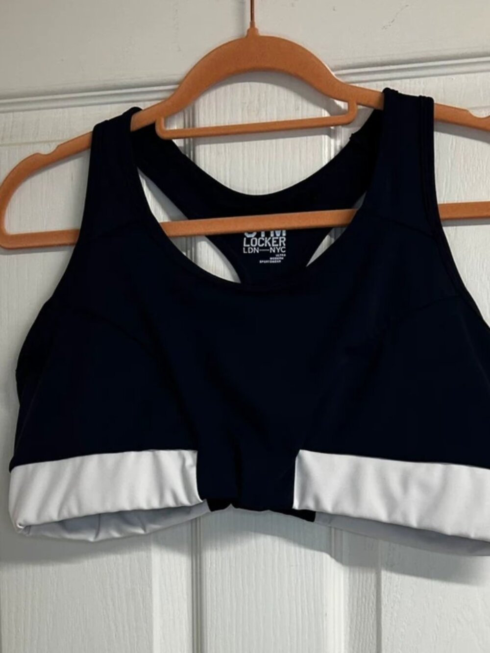 Women Gym Locker Navy White Color Block Racer Back Sports Bra